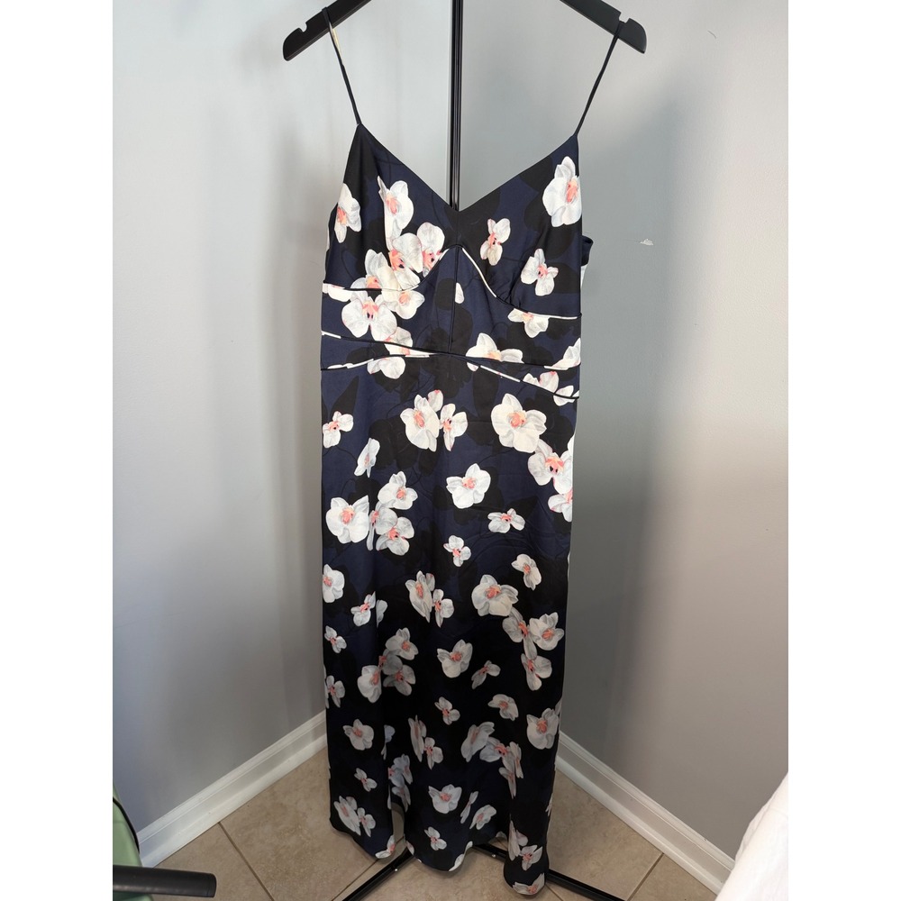 Banana Republic Maxi Dress Womens 8 Navy Blue Floral Orchid V-Neck Wedding Boho